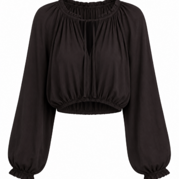 Black Cropped Long-Sleeve Blouson Top with Balloon Sleeves