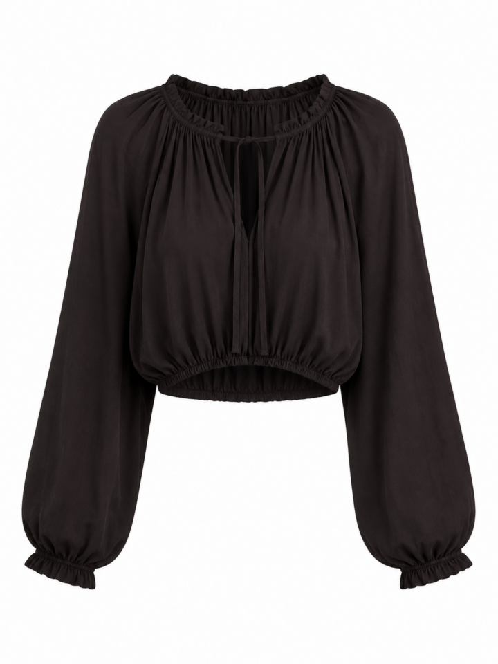 Black Cropped Long-Sleeve Blouson Top with Balloon Sleeves