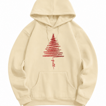 Cream Oversized Pullover Hoodie with Christmas Tree Graphic