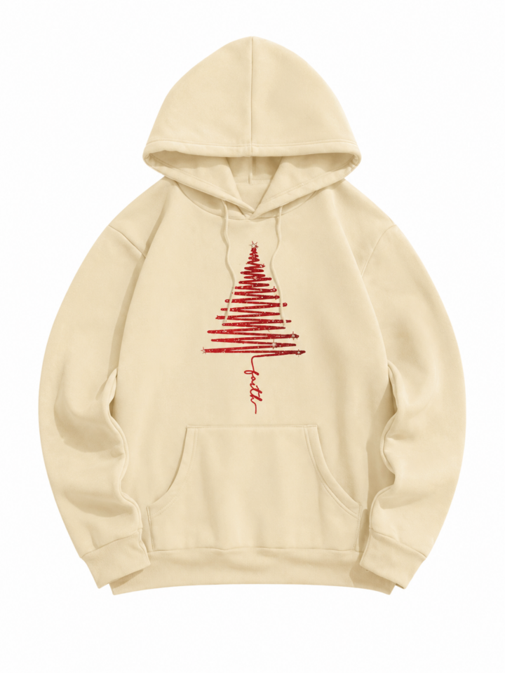 Cream Oversized Pullover Hoodie with Christmas Tree Graphic
