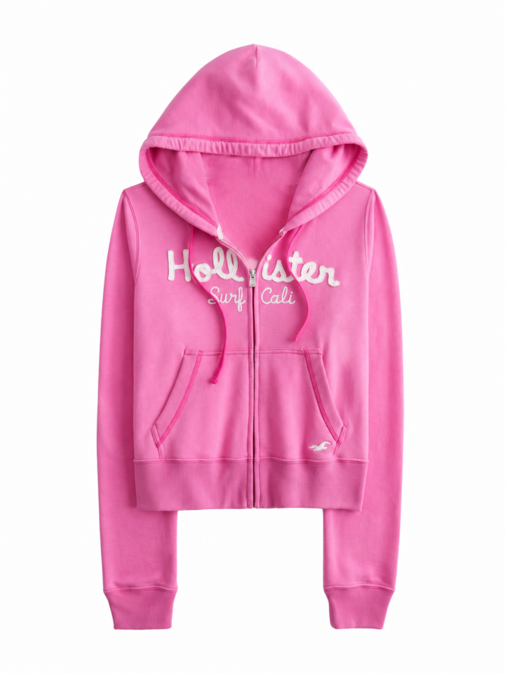 Bright Pink Full-Zip Hoodie with Drawstring Hood and Appliqus