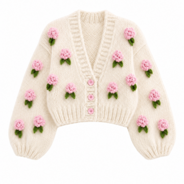 Cream Cropped Knit Cardigan with Floral Appliqués and Balloon Sleeves