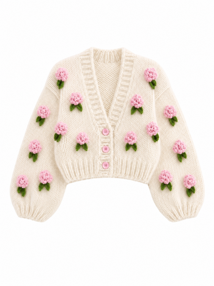 Cream Cropped Knit Cardigan with Floral Appliqués and Balloon Sleeves