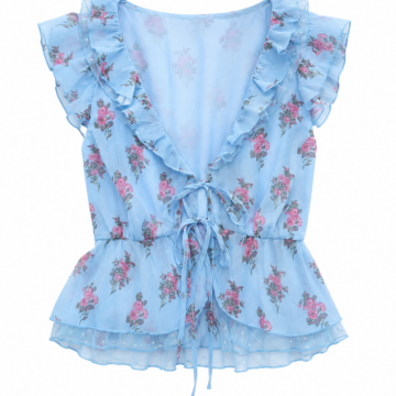 Light Blue Sleeveless Ruffled Blouse with Pink Roses