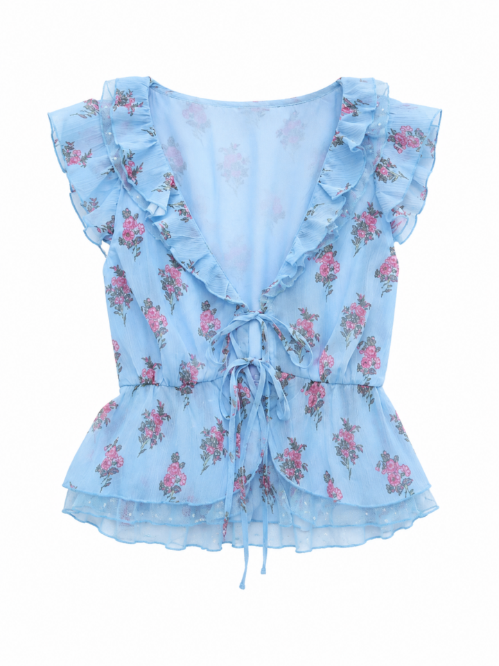 Light Blue Sleeveless Ruffled Blouse with Pink Roses