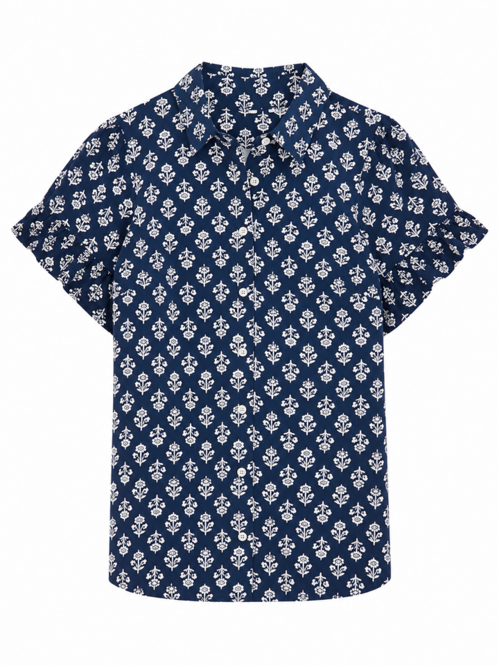 Navy Blue Floral Print Short-Sleeve Shirt
