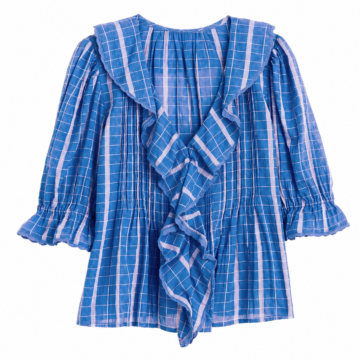 Blue and White Windowpane Check Flowy Blouse with Puff Sleeves
