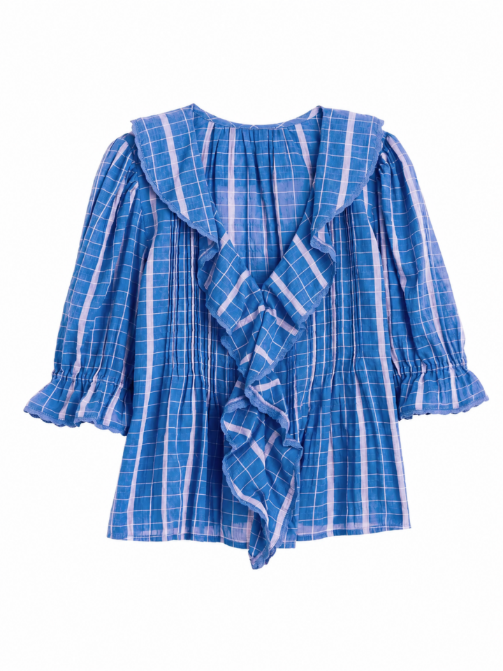 Blue and White Windowpane Check Flowy Blouse with Puff Sleeves