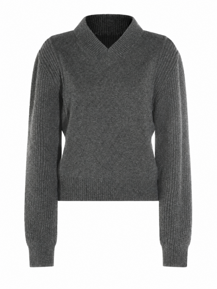 Heather Grey Fitted V-Neck Knit Sweater with Drop Shoulder