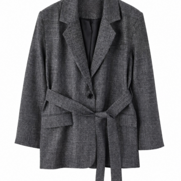 Dark Grey Heathered Textured Blazer with Self-Tie Belt