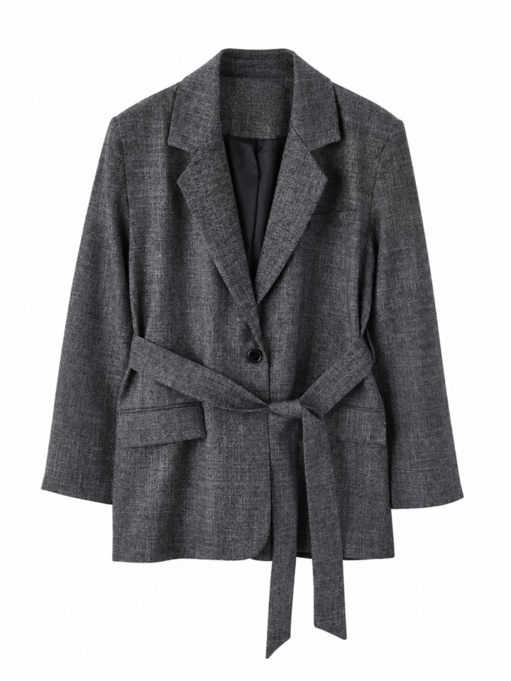 Dark Grey Heathered Textured Blazer with Self-Tie Belt