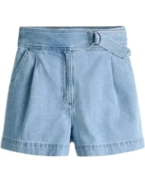 Light Blue Denim High-Waisted Shorts with Self-Tie Belt