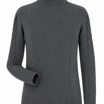 Dark Grey Cable Knit Turtleneck Sweater with Ribbed Panels