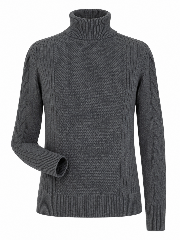 Dark Grey Cable Knit Turtleneck Sweater with Ribbed Panels