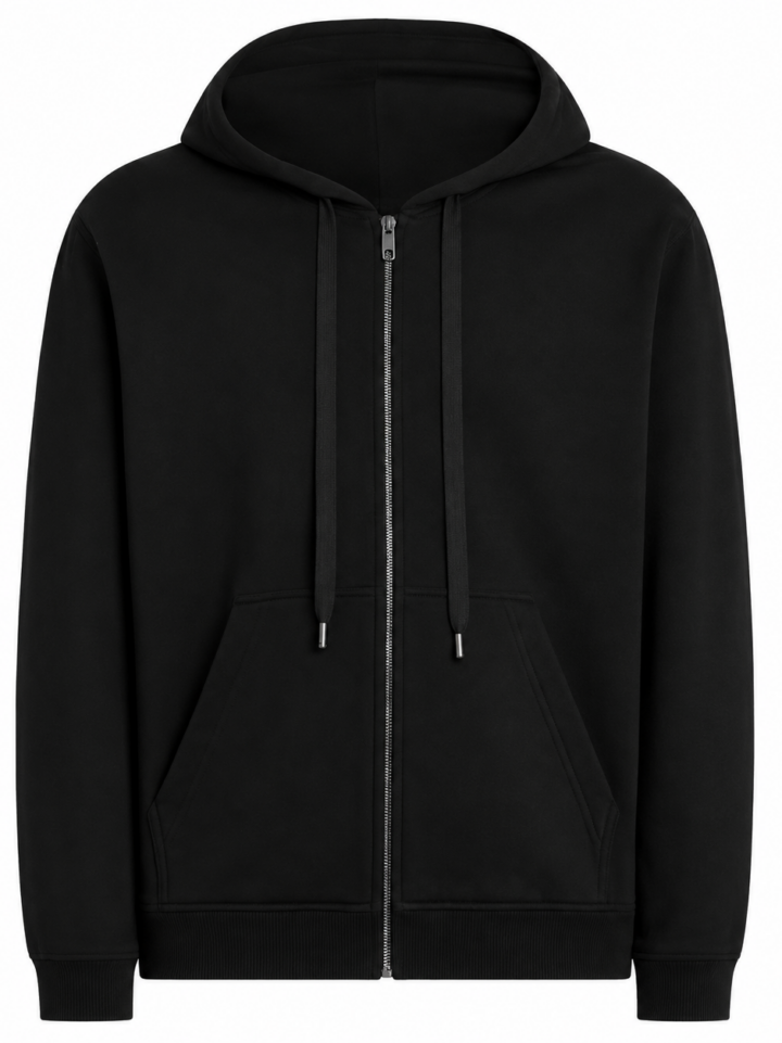 Black Full-Zip Relaxed Hoodie with Split Pockets