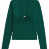 Dark Green Fitted Long-Sleeve V-Neck Top with Gold Clasp