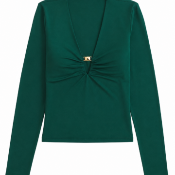 Dark Green Fitted Long-Sleeve V-Neck Top with Gold Clasp