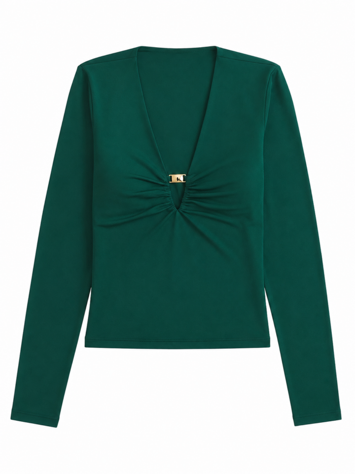 Dark Green Fitted Long-Sleeve V-Neck Top with Gold Clasp