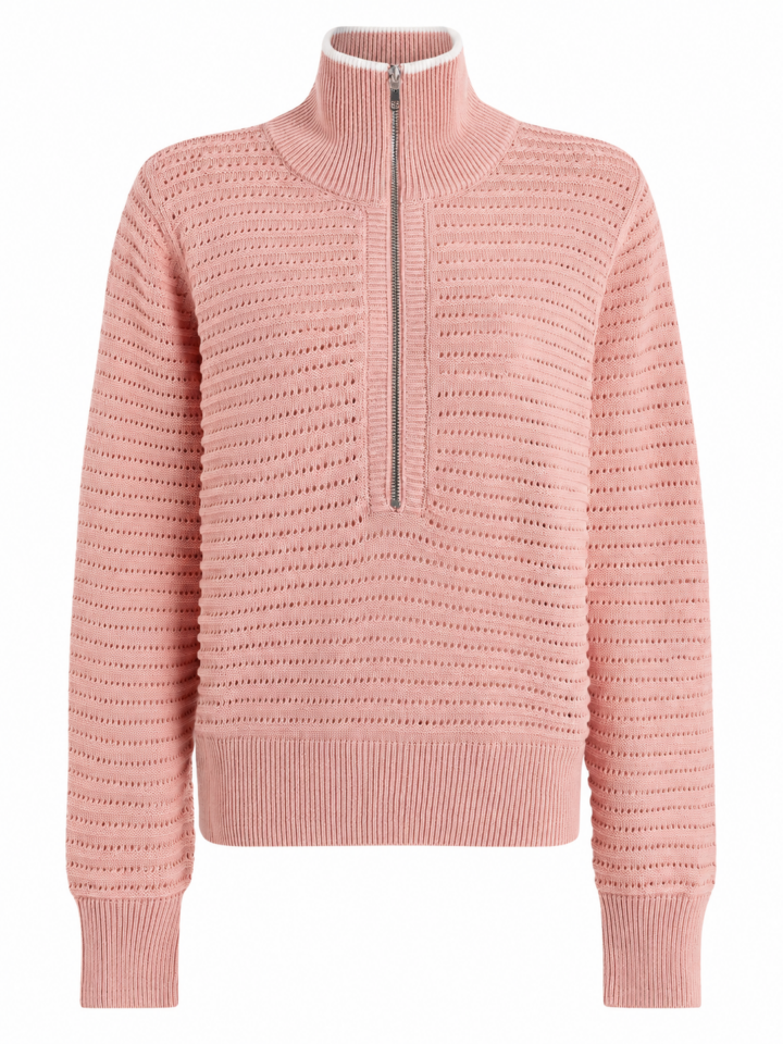 Pink Half-Zip Mock Neck Sweater with Eyelet Pattern