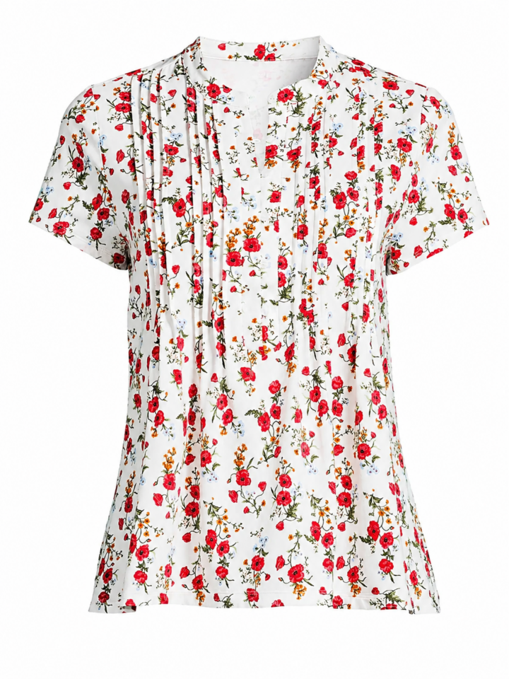 White Floral Print Relaxed Blouse with Mandarin Collar