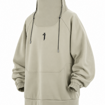 Beige Oversized Funnel Neck Pullover Hoodie with Kangaroo Pocket