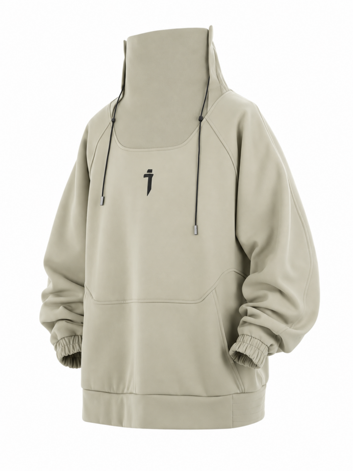 Beige Oversized Funnel Neck Pullover Hoodie with Kangaroo Pocket