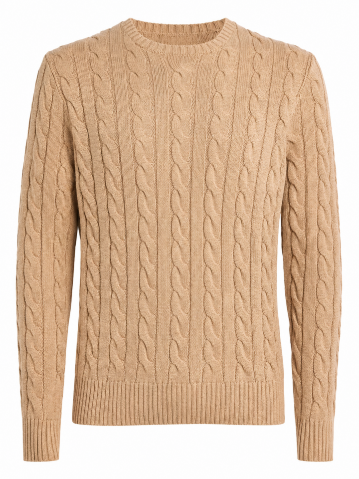 Tan Cable Knit Crewneck Sweater