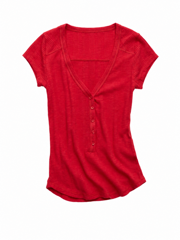 Red Henley Top with Heathered Knit Texture