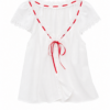 White Off-Shoulder Button-Down Blouse with Red Ribbon Lace
