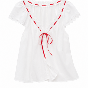 White Off-Shoulder Button-Down Blouse with Red Ribbon Lace