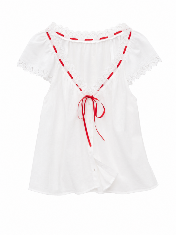 White Off-Shoulder Button-Down Blouse with Red Ribbon Lace