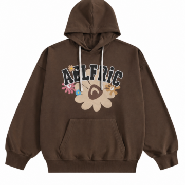 Dark Brown Oversized Pullover Hoodie with Graphic Flower Print