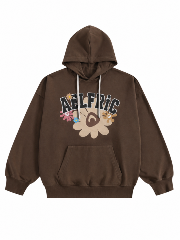 Dark Brown Oversized Pullover Hoodie with Graphic Flower Print
