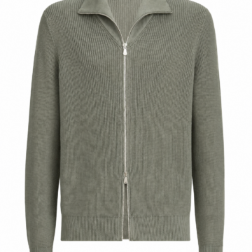 Sage Green Full Zip Ribbed Knit Sweater with Pointed Collar