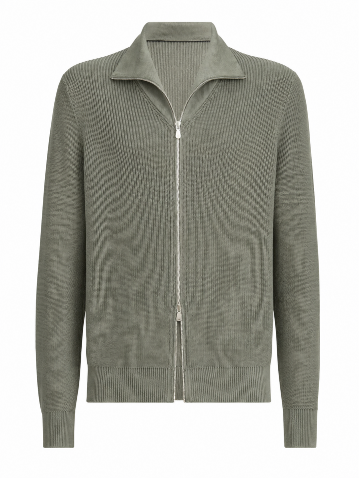 Sage Green Full Zip Ribbed Knit Sweater with Pointed Collar