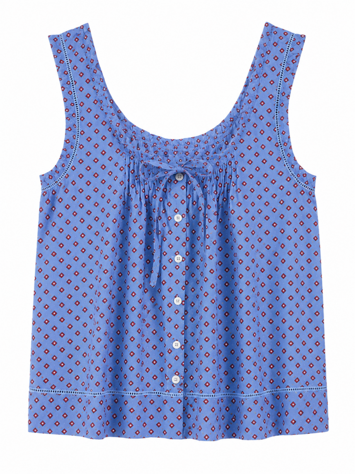Blue Geometric Print Sleeveless Lace-Trim Top