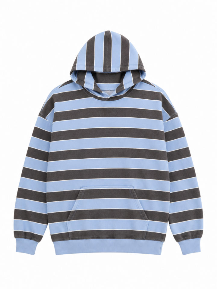 Blue and Grey Striped Pullover Hoodie Relaxed Fit