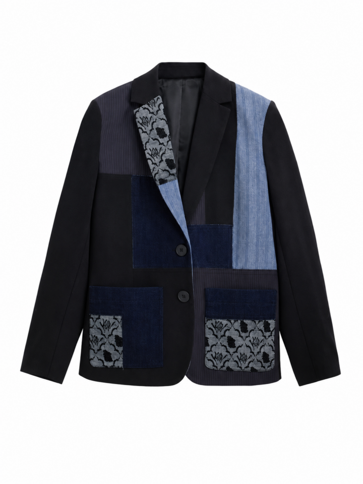 Black Blue Patchwork Denim Blazer