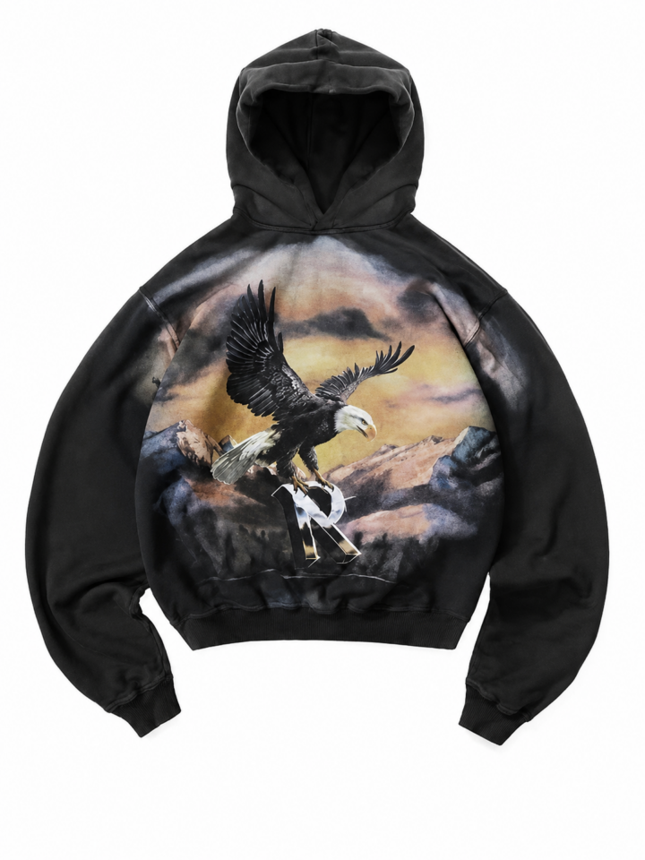 Black Oversized Pullover Hoodie with Eagle Back Print