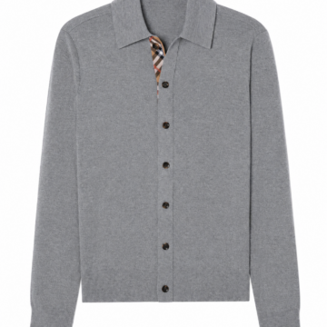Heather Grey Knit Cardigan with Polo Collar and Button Placket
