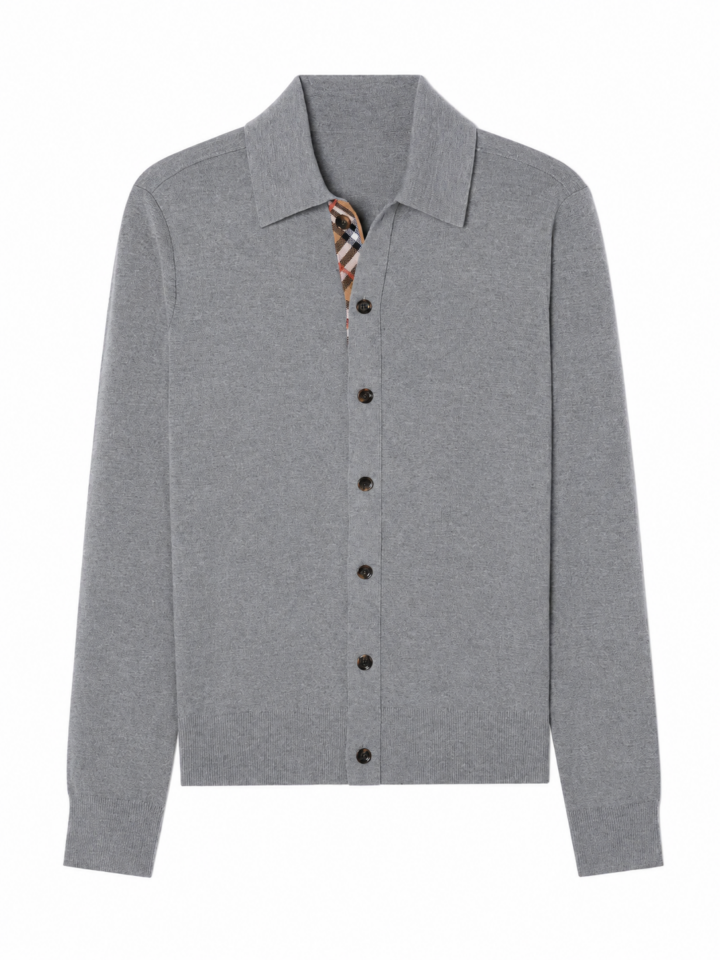 Heather Grey Knit Cardigan with Polo Collar and Button Placket