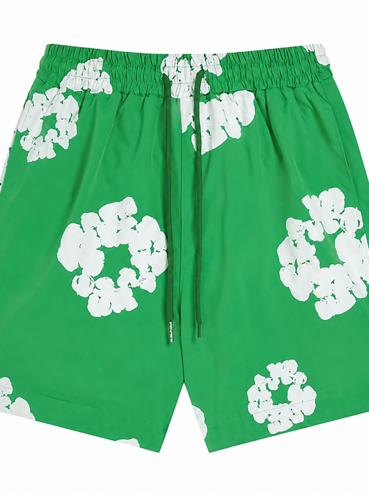 Green Floral Print Elastic Drawstring Shorts