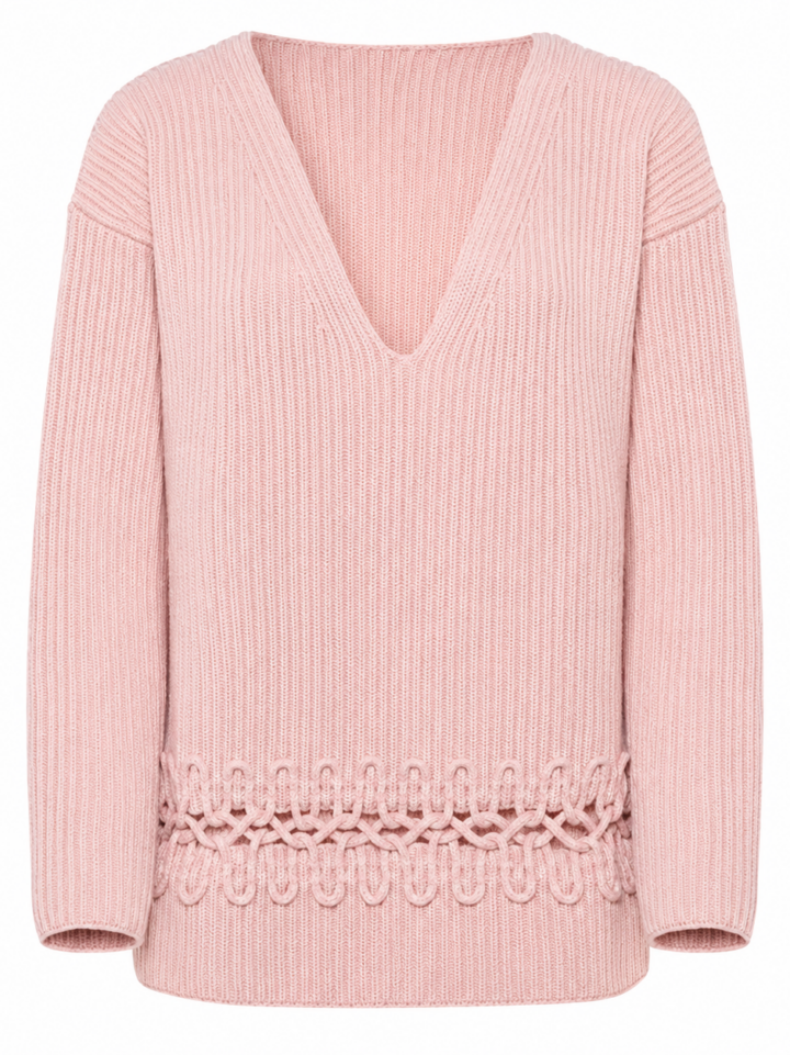 Light Pink Ribbed V-Neck Sweater with Openwork Hem